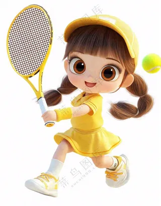 网球运动少女卡通插画免抠