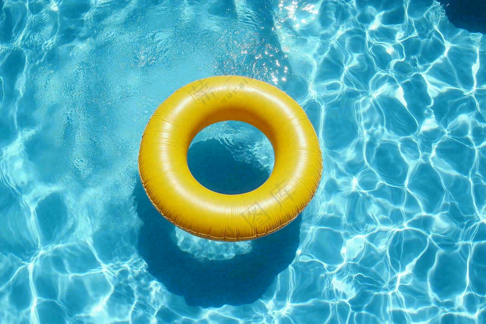 蓝色游泳池的黄色游泳圈摄影图