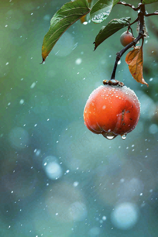 秋冬柿子树的果实寒冷霜降摄影图