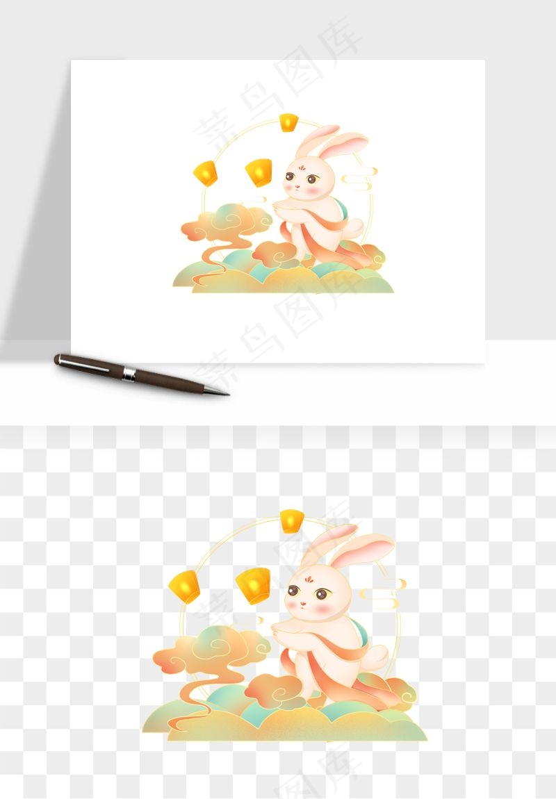 中秋月饼玉兔国潮插画png免抠