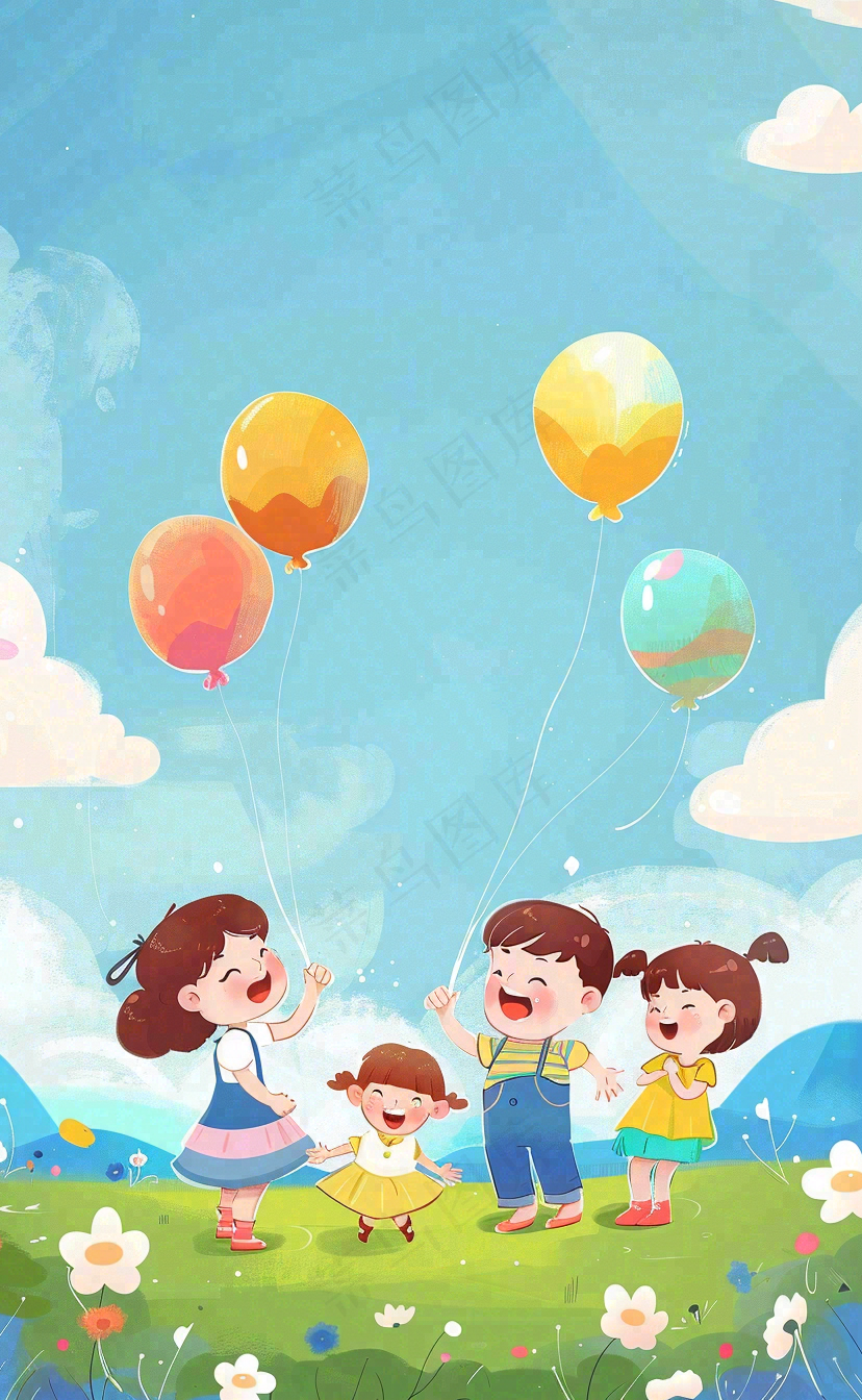 草坪玩耍的儿童气球派对儿童节卡通插画背景