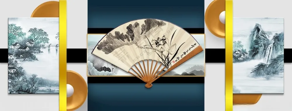 中式山水扇子装饰画图片素材PSD
