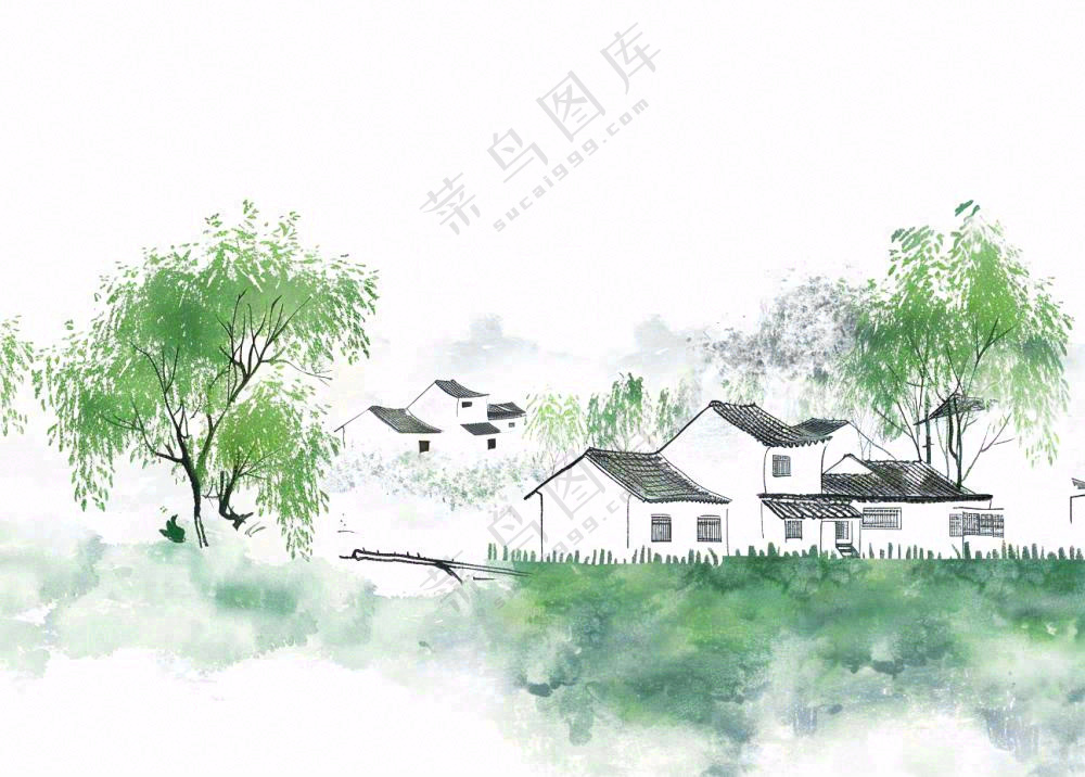 江南水乡水墨画村落柳树插画免抠