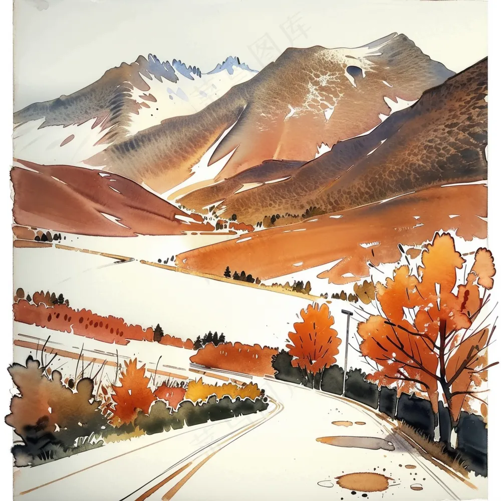 山脉自然风景 棕色系水彩风景插画