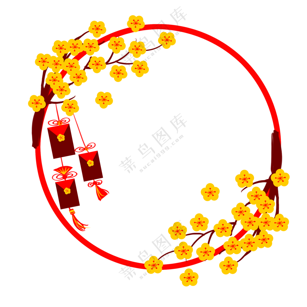 梅花与福袋装饰的圆形边框免抠图片