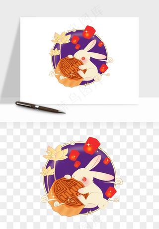 中秋月饼玉兔国潮插画png免抠