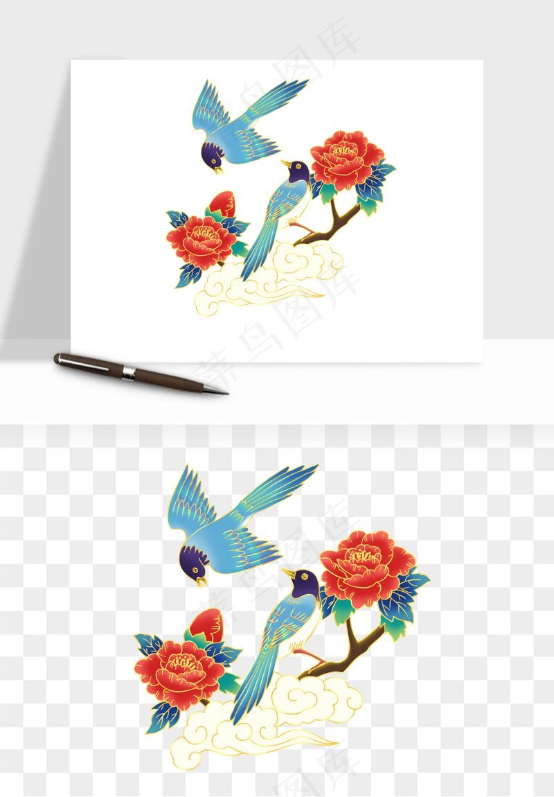 手绘国潮牡丹花花卉图案png免抠