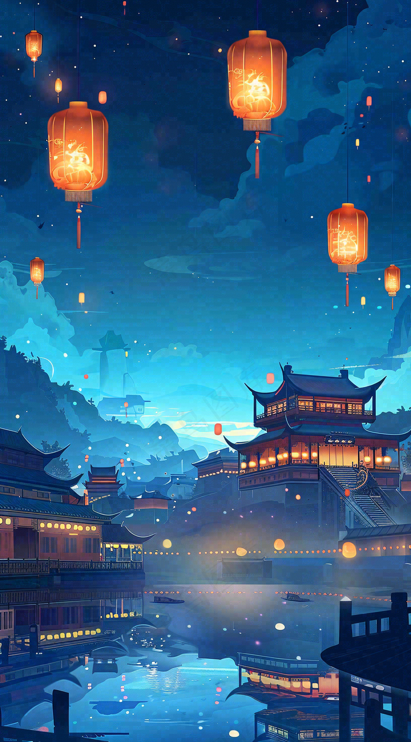 夜晚点灯孔明灯祈福中元节寒衣节插画背景