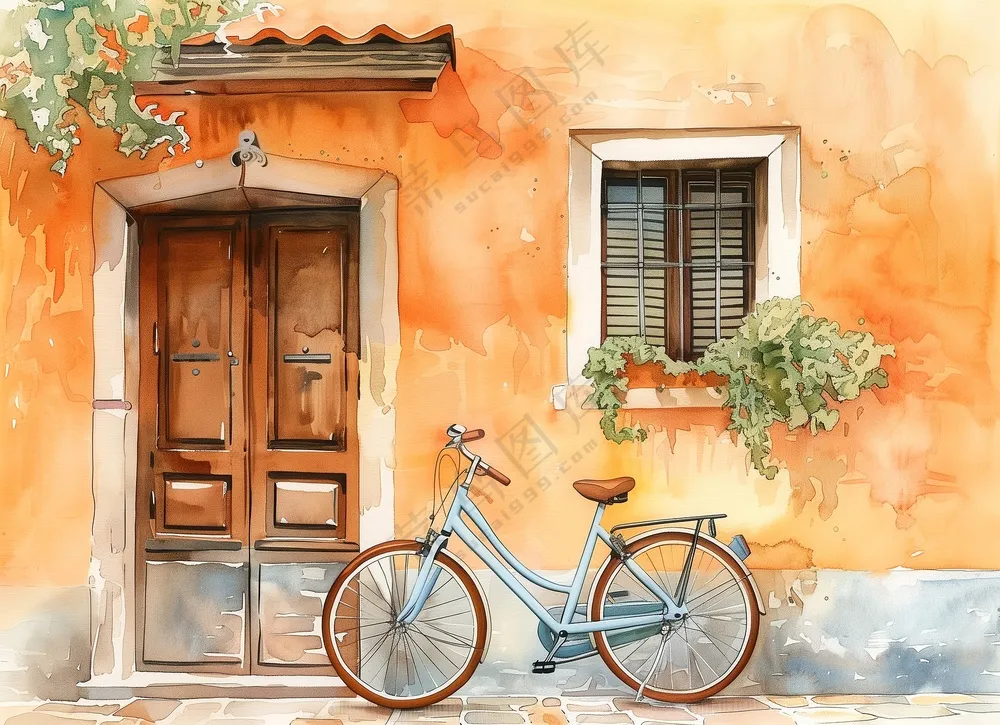 水彩画房门自行车图片