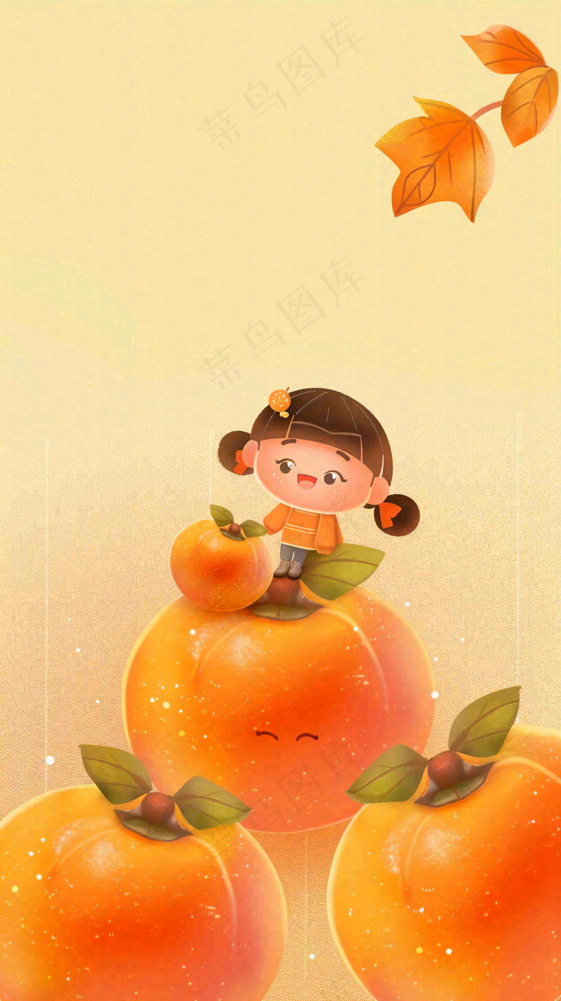 秋冬柿子成熟水果创意卡通插画霜降背景