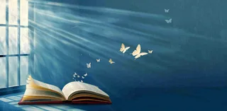 阅读书本翻开蝴蝶纷飞阳光透过窗户知识遨游世界读书日创意卡通插画背景
