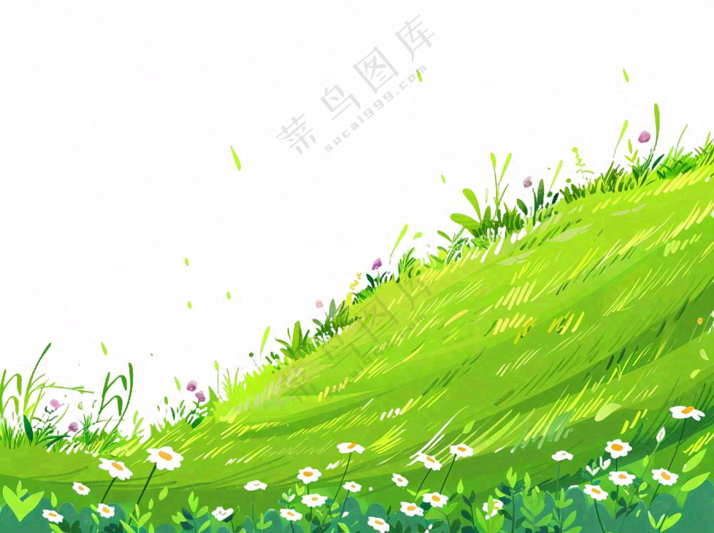 绿色草坪小草小花草原卡通插画免抠