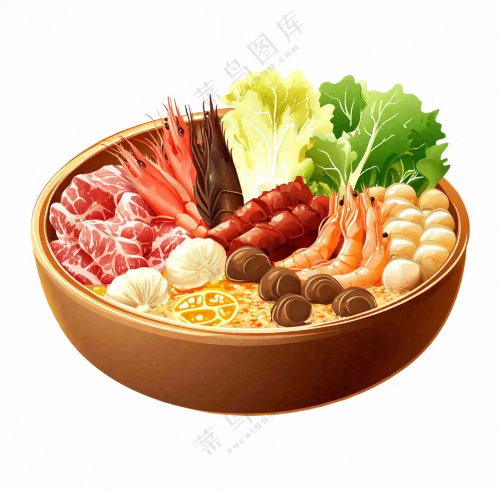 麻辣烫火锅海鲜肉类时蔬插画免抠