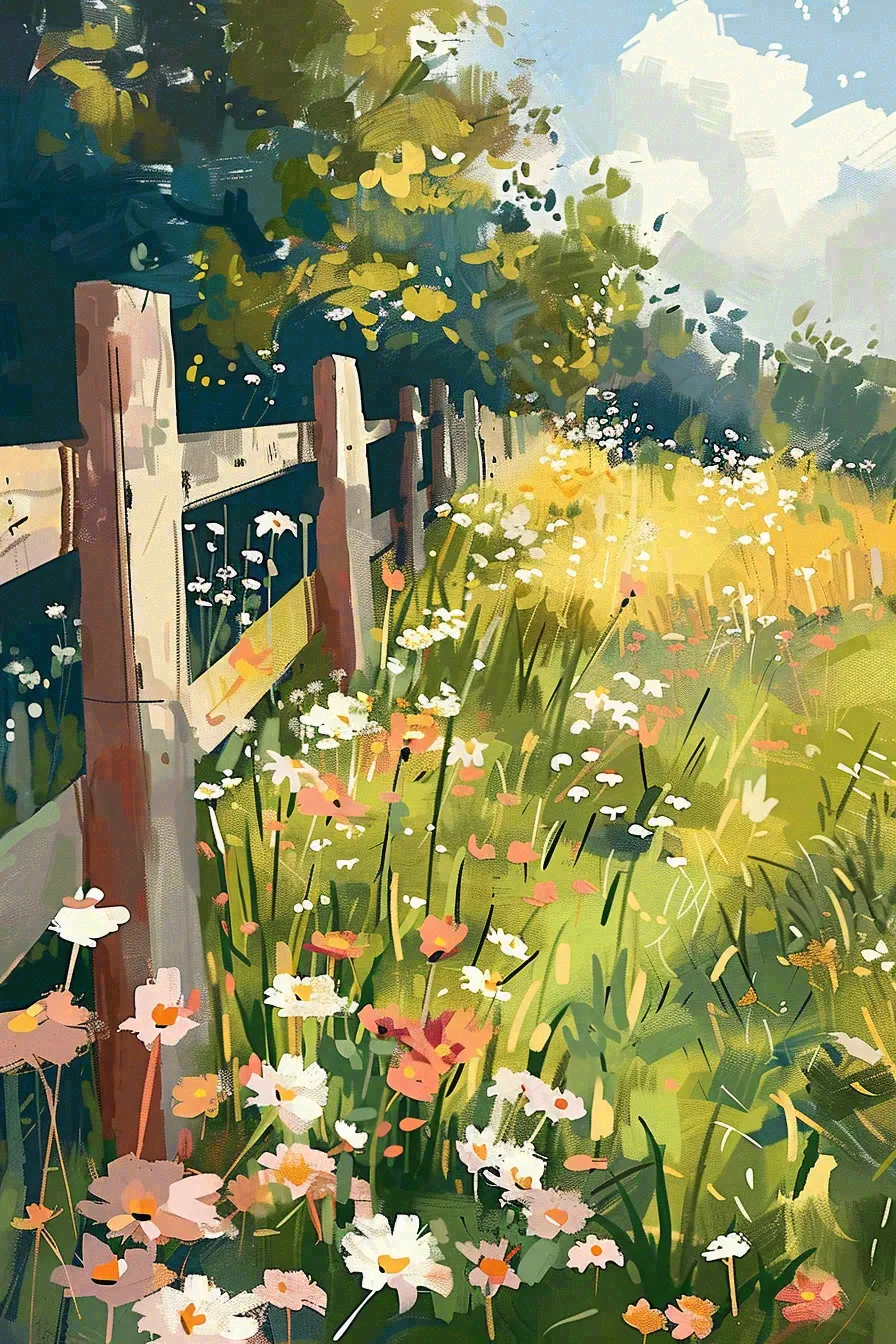 春天花圃后花园草丛小花惊蛰立夏油画插画背景