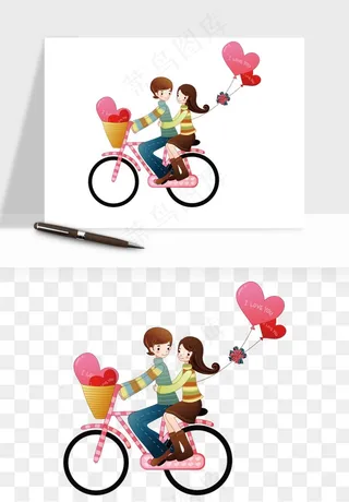 手绘自行车情侣人物png免抠