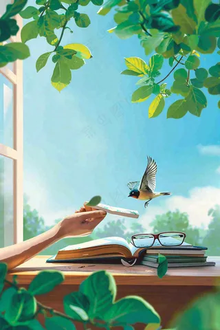 绿色大自然窗户书桌阅读世界读书日背景