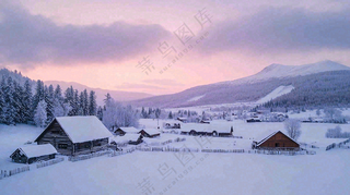 雪山下的村庄晚霞风景雪景摄影图