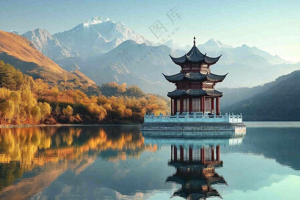 秋天湖泊高山森林凉亭塔大自然风光摄影图