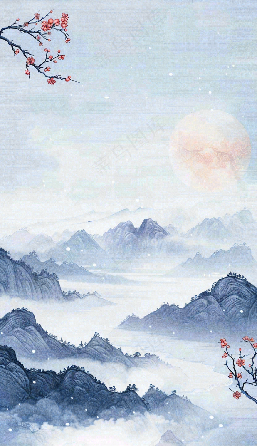 中国风山水秋冬柿子树霜降插画背景