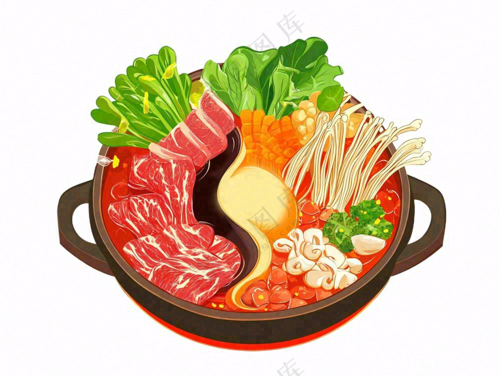 麻辣红油鸳鸯火锅美食插画免抠