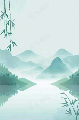 中国风插画山水竹叶青色插画清新淡雅端午节插画背景