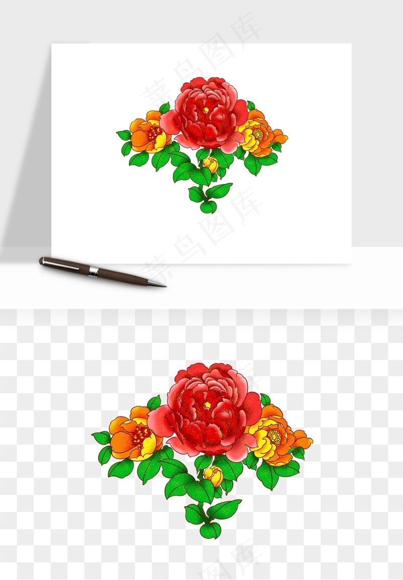 手绘国潮牡丹花花卉图案png免抠
