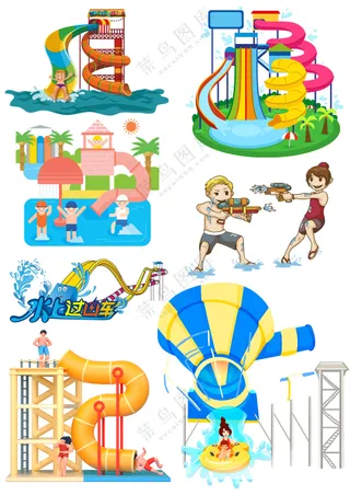 水上乐园彩虹滑道冲浪元素大合集