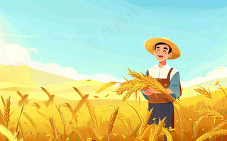 秋天农田里收谷的农民辛勤劳作芒种世界粮食日插画背景