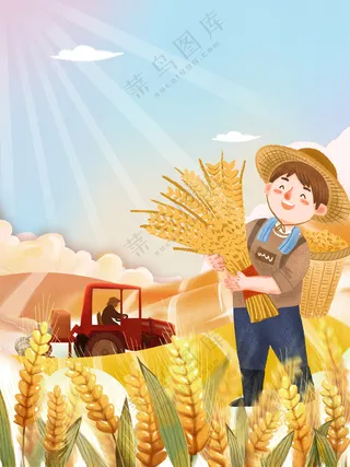 金色麦浪拖拉机丰收图水果带货助农海报