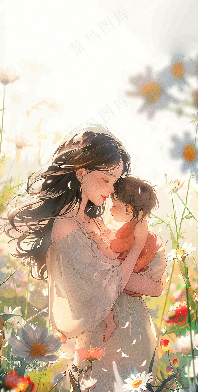 母亲节妈妈亲情抱着孩子鲜花光辉插画背景