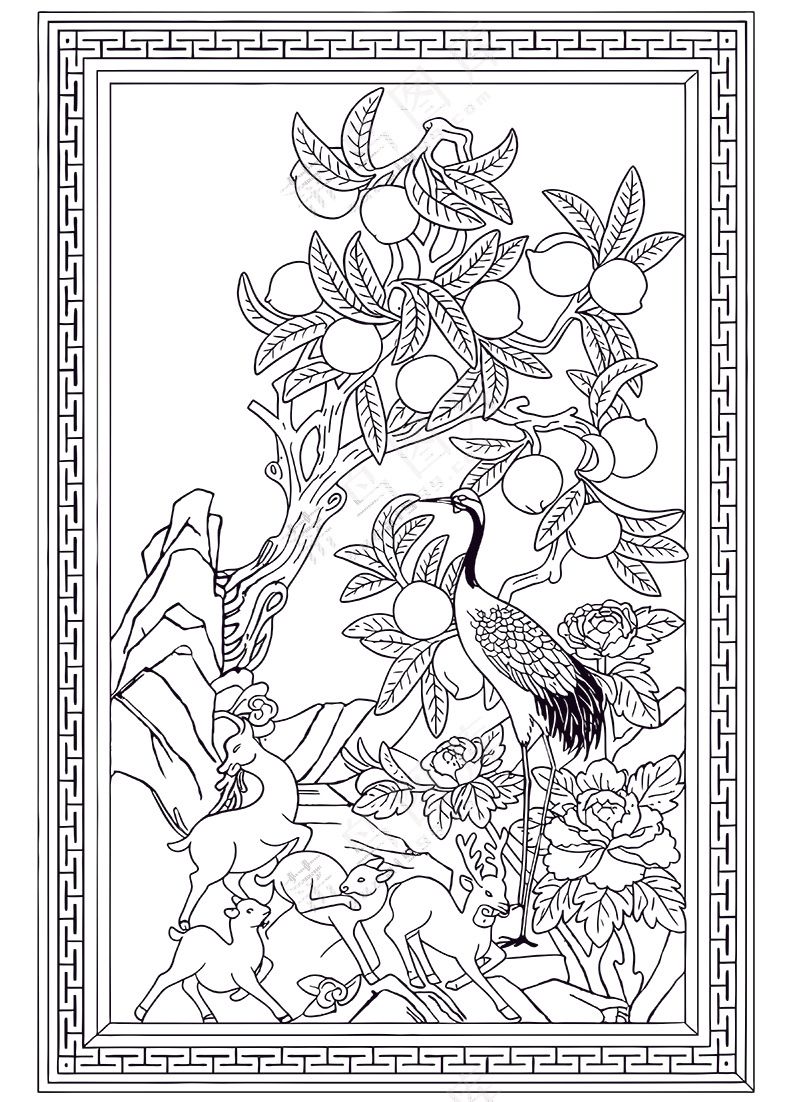 简约传统图案鹿仙鹤与寿桃