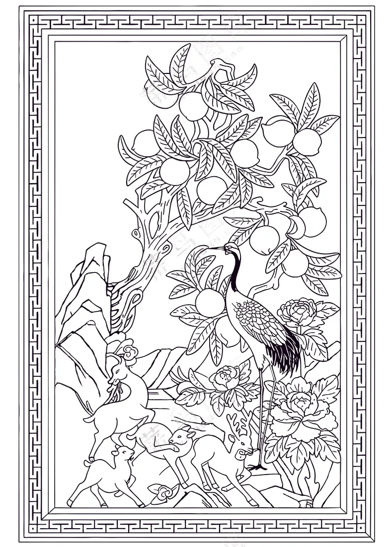 简约传统图案鹿仙鹤与寿桃