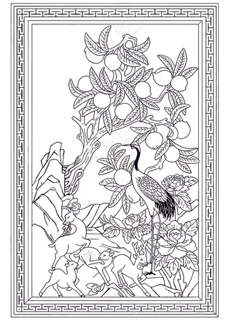 简约传统图案鹿仙鹤与寿桃