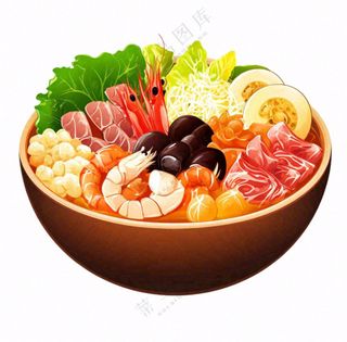 麻辣烫火锅海鲜肉类时蔬插画免抠