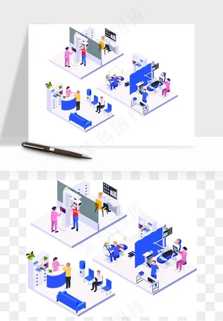 立体2.5D公司人物办公场景矢量png免抠