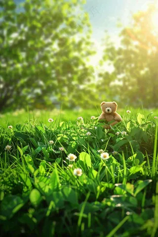 春天绿草坪野花上的小熊玩偶阳光立春春分惊蛰摄影图