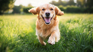 草丛里飞奔的金毛小狗宠物动物摄影图