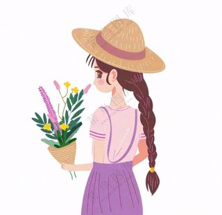 抱着花束的女孩人物卡通插画免抠