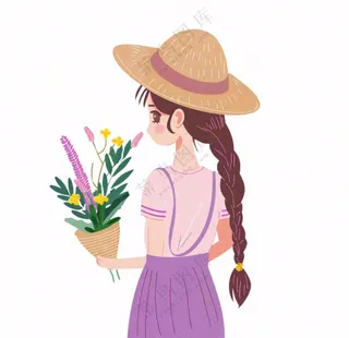 抱着花束的女孩人物卡通插画免抠
