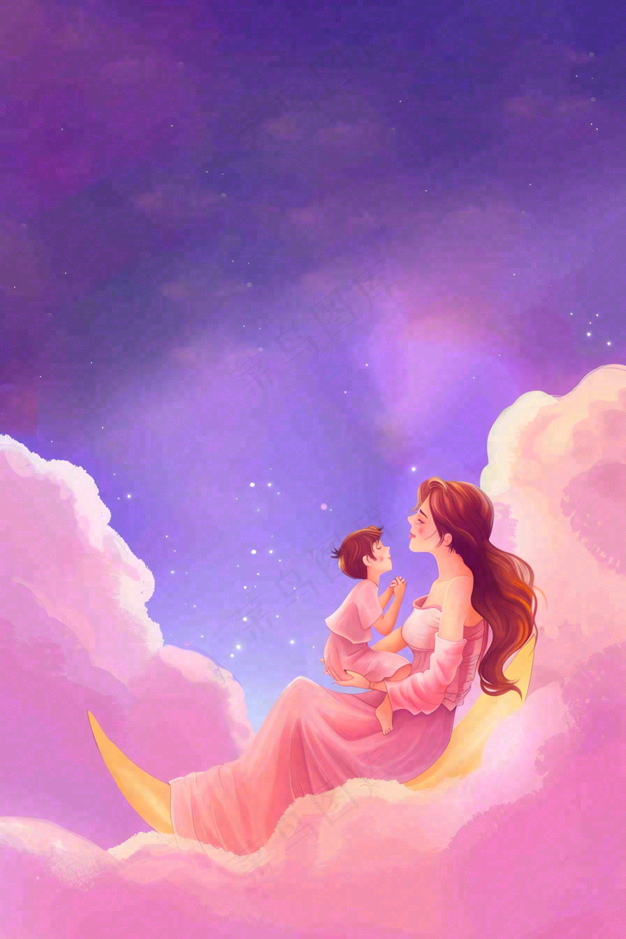 妈妈抱着孩子母亲节创意插画月亮睡眠晚安背景