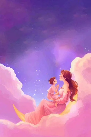 妈妈抱着孩子母亲节创意插画月亮睡眠晚安背景