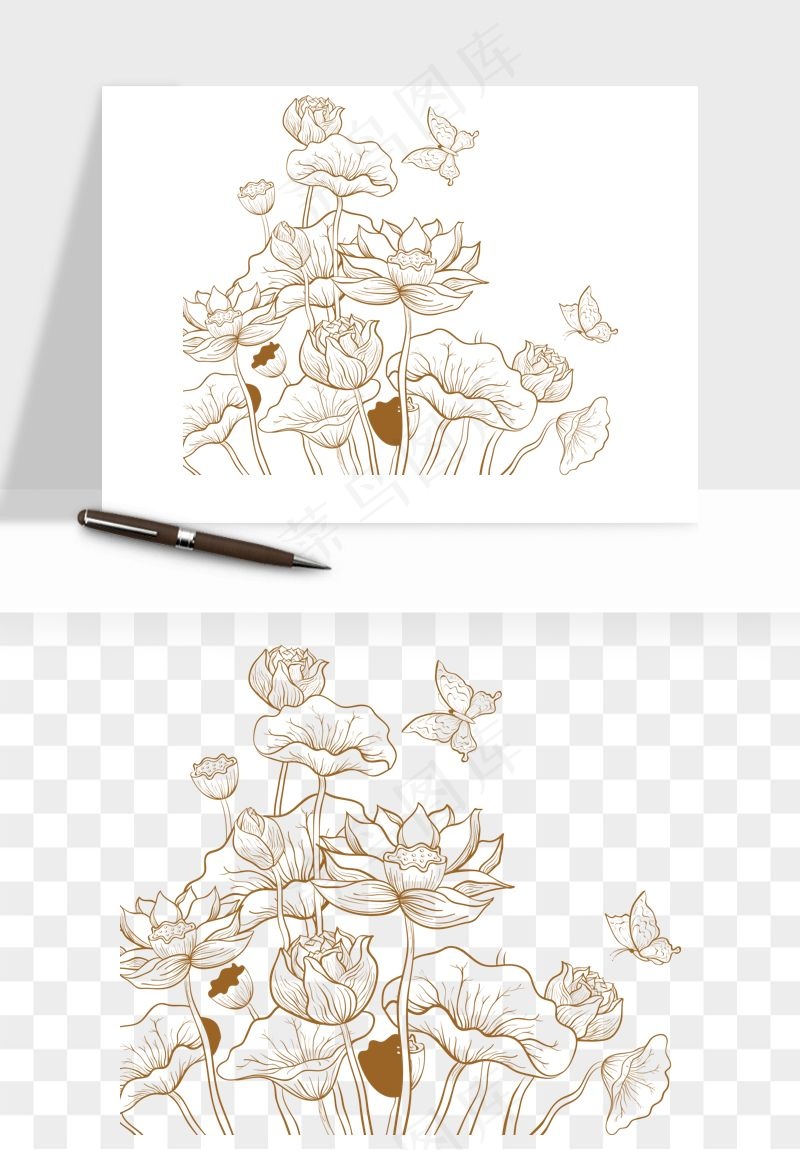 线描荷花莲花线条png免抠