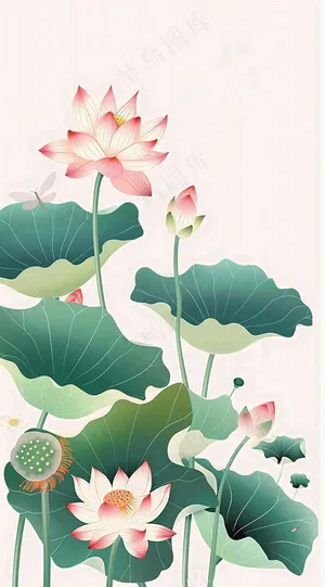 夏天荷花荷叶清凉小清新淡雅小暑大暑处暑插画背景