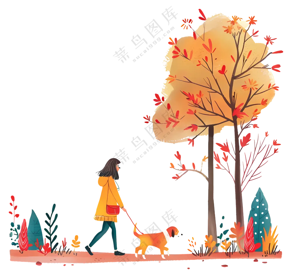 秋天遛狗的女孩