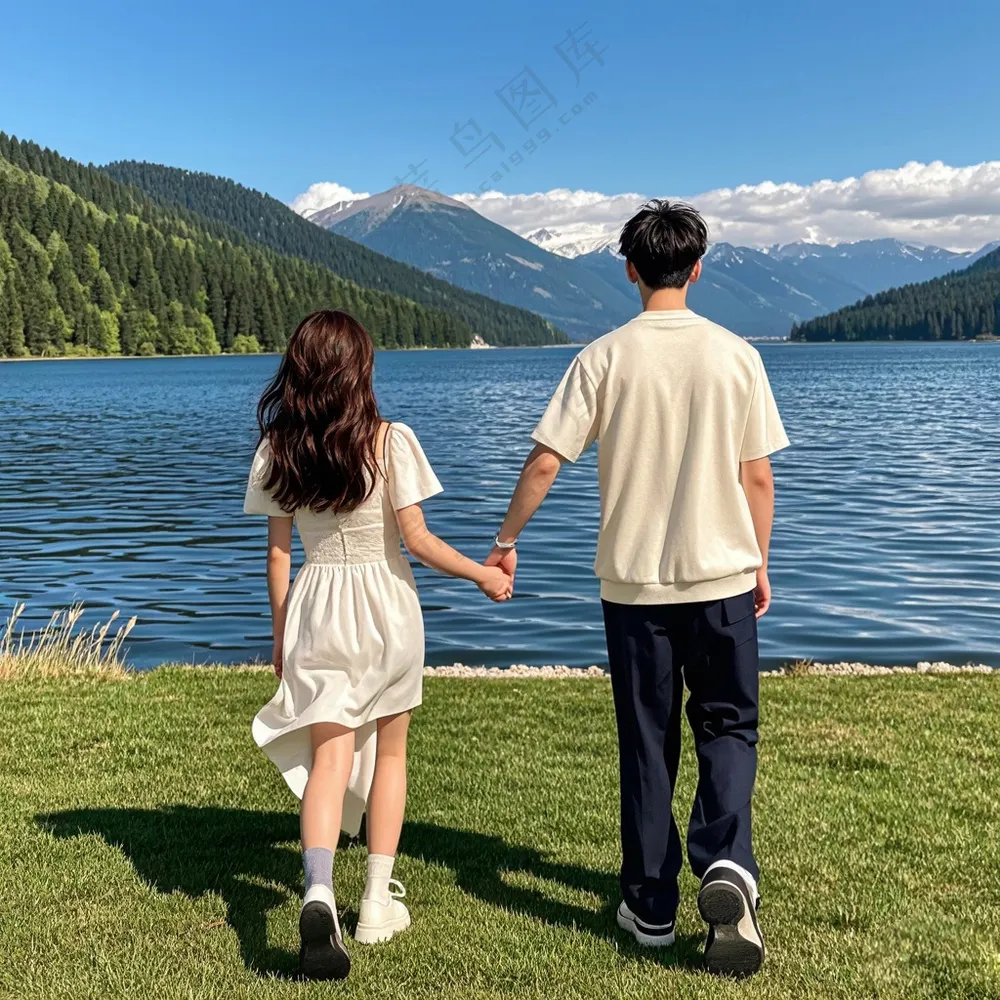湖边散步的情侣