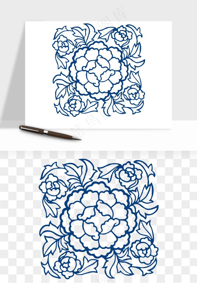 青花瓷花纹花卉图案png免抠