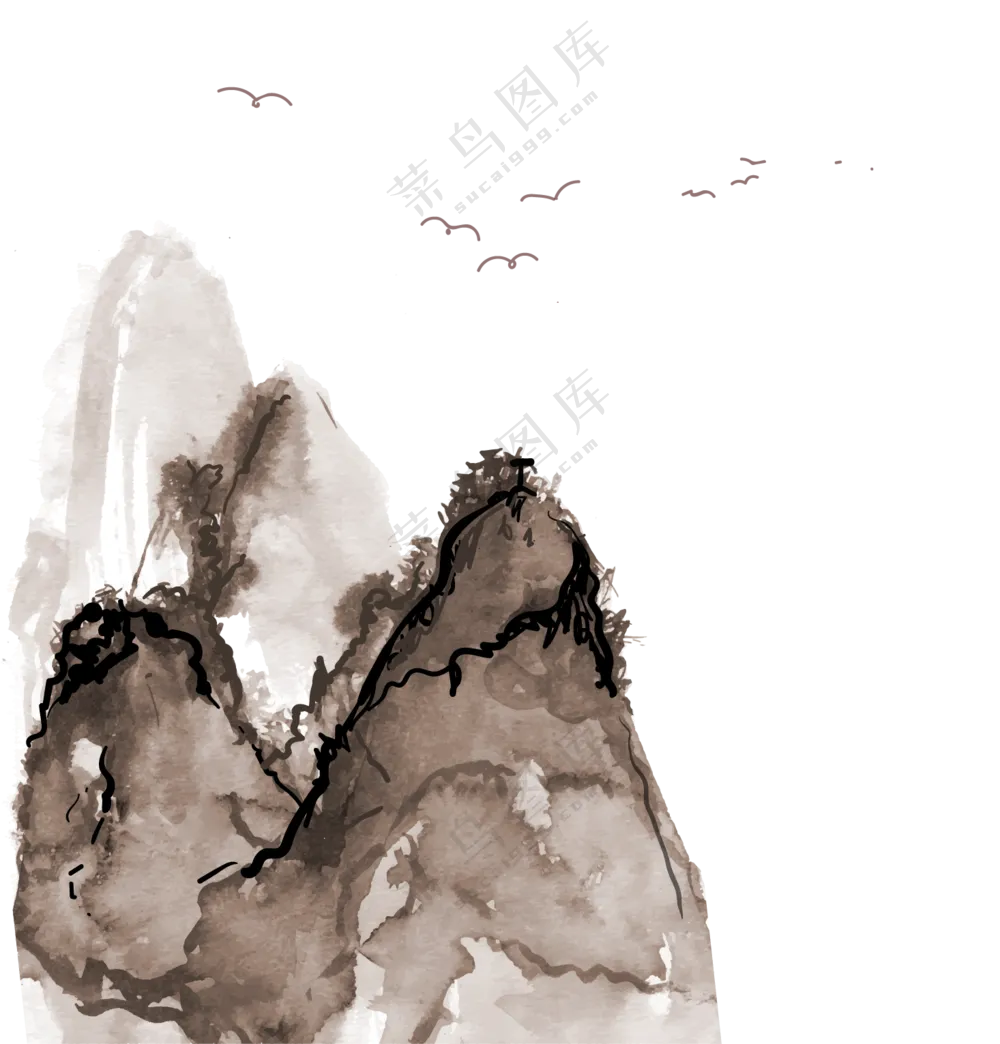 险峻高山与空中的飞鸟绘画免抠图片