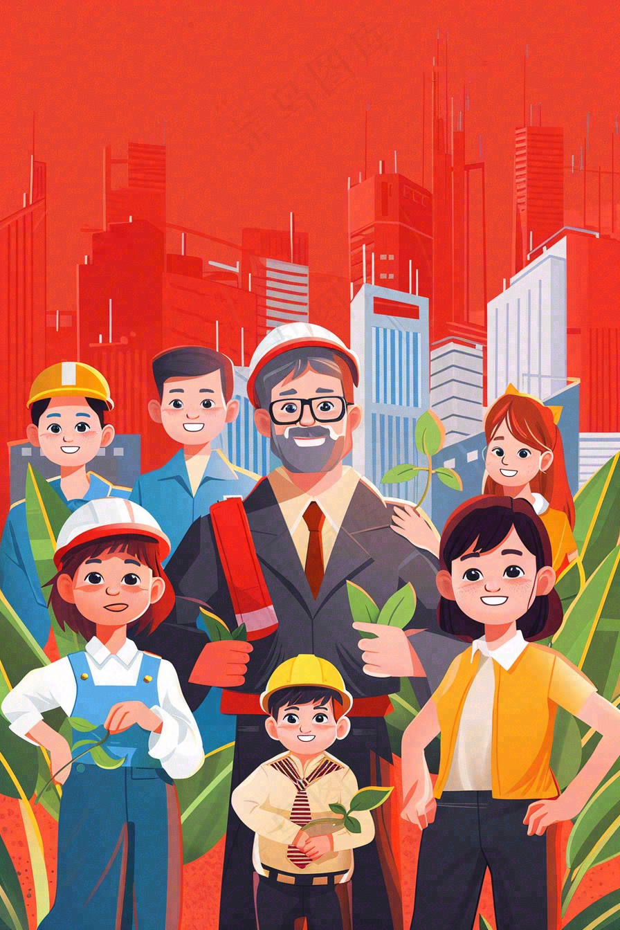 卡通插画劳动节职业人物形象插画背景