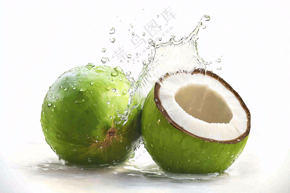 two green coconuts with a splash of water on them, an illustration of by Rodney Joseph Burn, shutterstock, renaissance, coconuts, f 2.5, f4.5