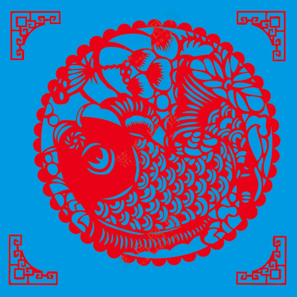 红色圆形莲年有余剪纸